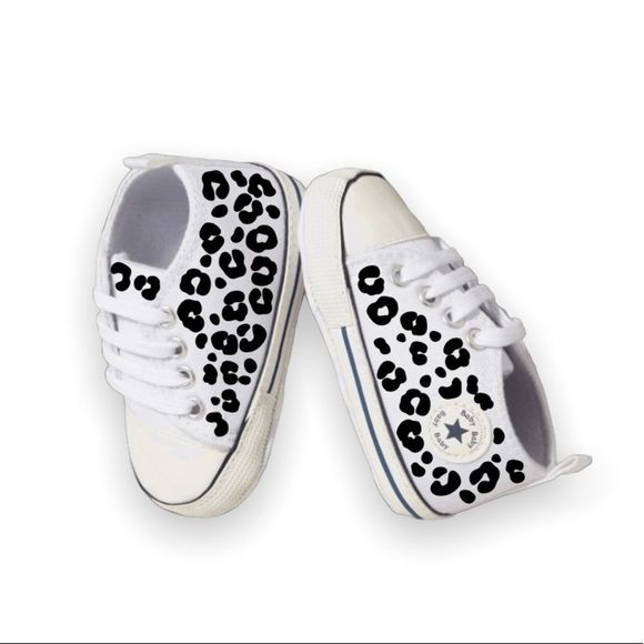 Infant baby girl shoes, walker, cute custom design, white w/ black leopard print - Picture 3 of 4